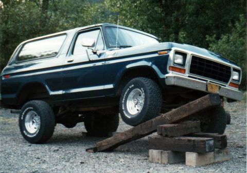 1979 Ford Bronco - This 1979 Ford Bronco is positioned on wooden blocks, with the front right wheel raised.