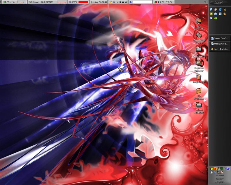 Computer desktop with abstract red and blue digital art wallpaper, showing icons on the right side