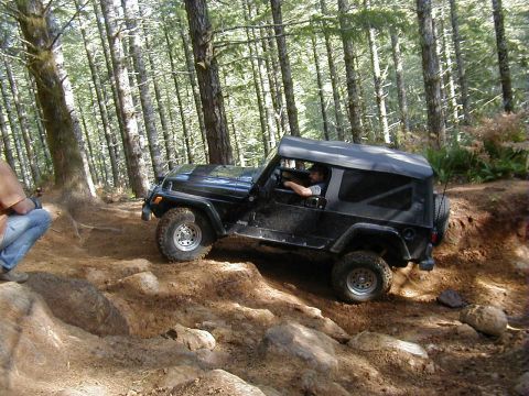 1994 Ford Explorer - A driver navigates a black Jeep Wrangler through a challenging off-road course in a forest.