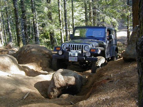 1994 Ford Explorer - Jeep Wrangler navigating a challenging off-road course through a forest.