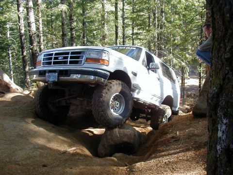 1994 Ford Explorer - Ford Bronco tackling difficult terrain on a wooded trail.
