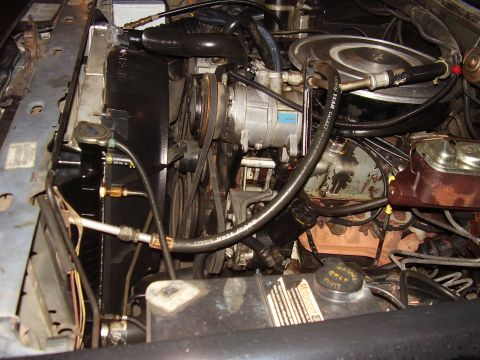 1986 Ford Bronco - Close-up view of a vehicle's engine bay, showing various mechanical components and hoses.