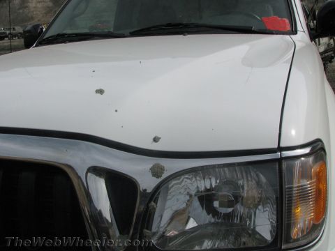 1987 Suzuki Samurai - A white pickup truck's front end is visible, showing the hood, grille, and headlight area.