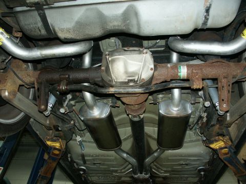 2001 Mercury Grand Marquis - Custom dual exhaust system installed on a vehicle's underbody, Magnaflow mufflers.