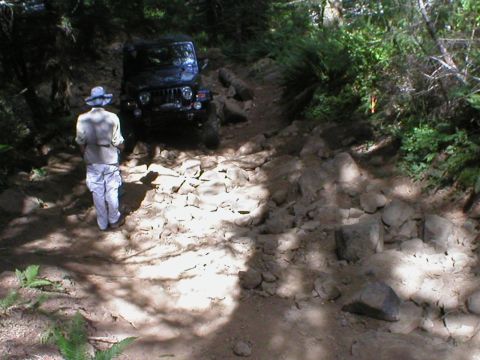 2005 Jeep Wrangler - A dark blue 2005 Jeep Wrangler tackles a challenging, rocky trail in a wooded area, with a person walking ahead of the vehicle.
