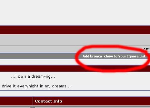 1990 Ford Bronco - Screenshot of a forum profile page with dark red and grey bars, showing a red hand-drawn circle around the link "Add bronco_chow to Your Ig…
