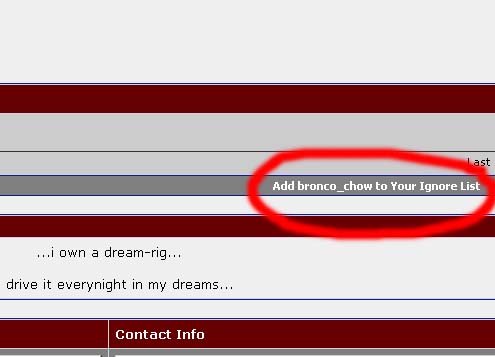 Forum screenshot circling an "Add bronco_chow to Your Ignore List" link