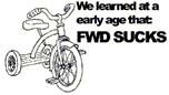 1995 Ford Bronco - A child's tricycle is depicted alongside a humorous statement about front-wheel drive.