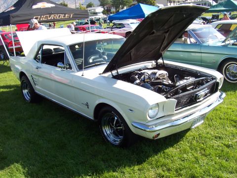 1973 Ford Mustang - A white 1965 Ford Mustang coupe is displayed with its hood open at an outdoor car show.