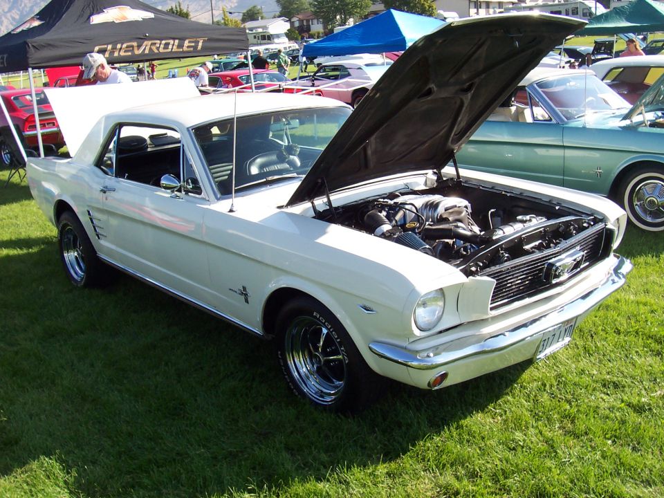 White 1965 Ford Mustang coupe with hood open, showing engine, parked on grass at a car show