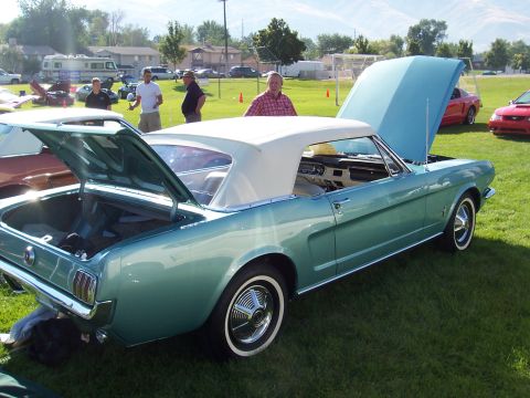 1973 Ford Mustang - A classic teal Ford Mustang convertible is displayed with its trunk and hood open on a grassy field.