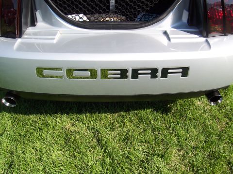 1973 Ford Mustang - The rear of a silver car shows 'COBRA' badging and dual exhaust pipes against a backdrop of green grass.