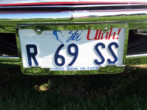 1973 Ford Mustang - This Utah license plate reads R 69 SS and features a graphic of a skier, indicating the year 1969.