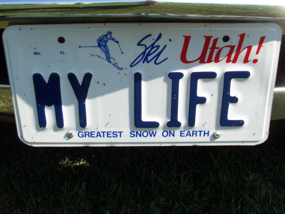 Utah license plate with 'Ski Utah!' and 'MY LIFE' text, plus a skier graphic