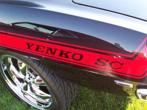 1973 Ford Mustang - A black car with a red Yenko SC stripe and chrome wheels is parked on grass.