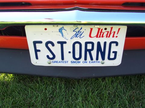 1973 Ford Mustang - Utah license plate with custom text and skier graphic.