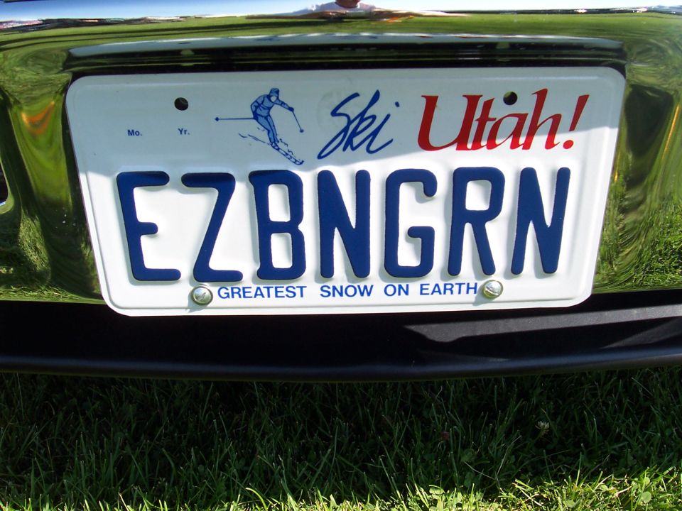 License plate EZBNGRN with 'Ski Utah!' and a skier graphic
