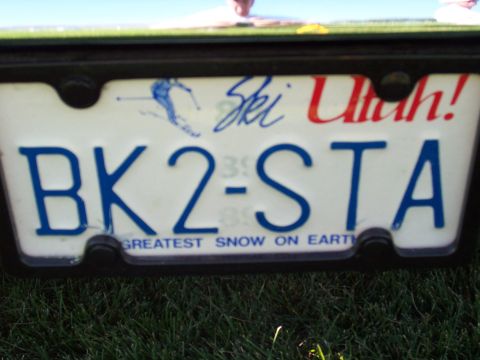 1973 Ford Mustang - A license plate from Utah features a skier graphic and the state's slogan.