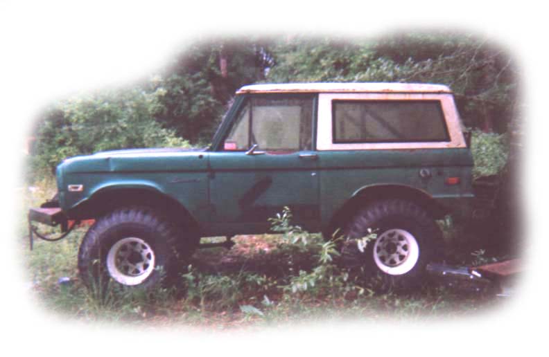 Green SUV with a white top parked in overgrown grass
