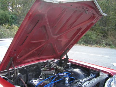 1967 Ford Galaxie - The engine bay of a red 1967 Ford Galaxie reveals its V8 engine, carburetor, and blue spark plug wires.