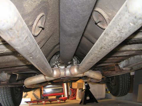1967 Ford Galaxie - Shot of the underbody and the new driveshaft, AOD transmission, and X-pipe dual exhaust.