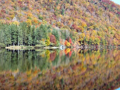 1985 Ford LTD Crown Victoria - A autumn landscape features vibrant fall colors on a hillside, mirrored in the still waters of a lake, with a small structure visible on th…