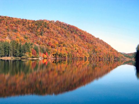 1985 Ford LTD Crown Victoria - Autumn colors paint a hillside, mirrored in the calm waters of a lake on a bright, clear day.