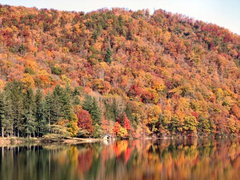 1985 Ford LTD Crown Victoria - A boathouse sits by the water's edge, surrounded by the vibrant hues of fall foliage reflected in the lake.