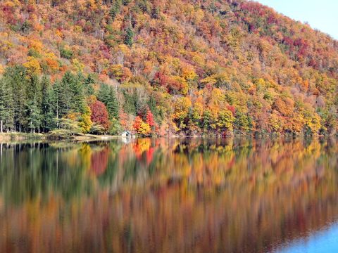 1985 Ford LTD Crown Victoria - A lake mirrors the vibrant hues of fall foliage blanketing a nearby mountain slope.