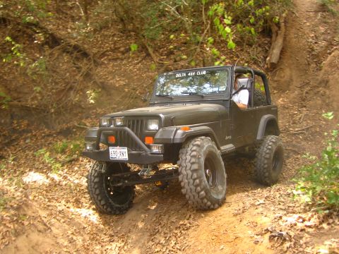 2001 Jeep Wrangler - Jeep Wrangler with "DELTA 4X4 CLUB" sticker navigates a wooded dirt path.