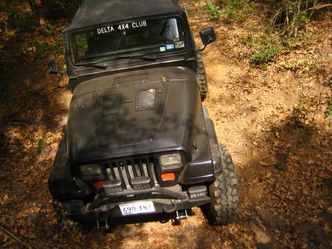 2001 Jeep Wrangler - A black 2001 Jeep Wrangler is seen from above on a wooded trail, with a "DELTA 4X4 CLUB" sticker visible on the windshield.