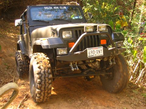 2001 Jeep Wrangler - This black Jeep Wrangler is equipped for off-road adventures with large tires and a protective brush guard.