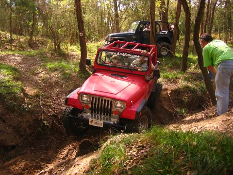2001 Jeep Wrangler - A red Jeep Wrangler tackles an off-road trail, with another Jeep visible behind it.