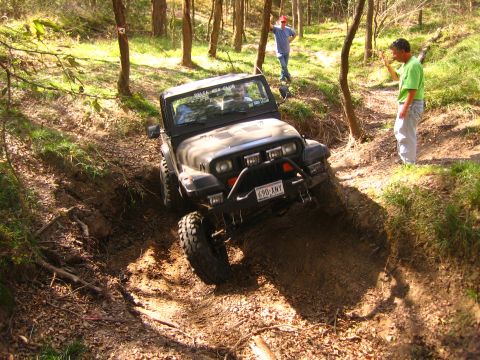 2001 Jeep Wrangler - A Jeep Wrangler tackles a challenging off-road trail in a wooded area.