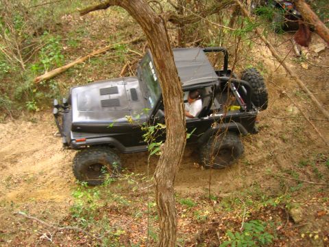 2001 Jeep Wrangler - A black Jeep Wrangler navigates a dirt path through a wooded area.
