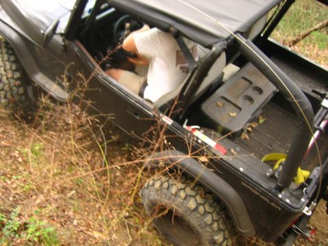 2001 Jeep Wrangler - A dark Jeep Wrangler is parked on a dirt path, surrounded by dry brush and vegetation.