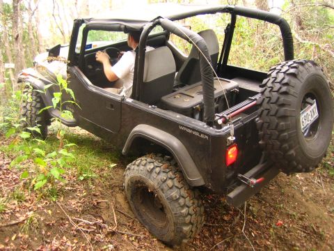 2001 Jeep Wrangler - A black Jeep Wrangler navigates a wooded trail, its spare tire mounted on the back.