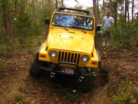 2001 Jeep Wrangler - A yellow 2001 Jeep Wrangler navigates a wooded trail with a driver and a passenger visible.