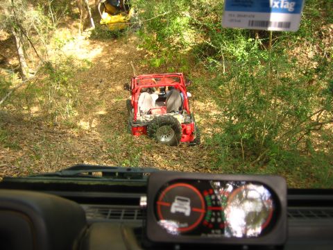 2001 Jeep Wrangler - A red Jeep Wrangler is parked on a dirt path in a wooded area, viewed from the perspective of another vehicle.