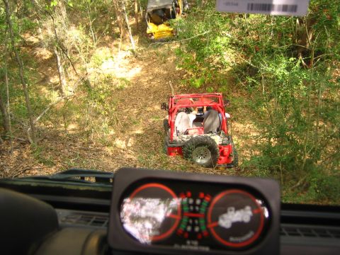 2001 Jeep Wrangler - View through a windshield down a steep wooded trail at a red topless Jeep with a roll cage and tailgate-mounted spare descending ahead, wit…