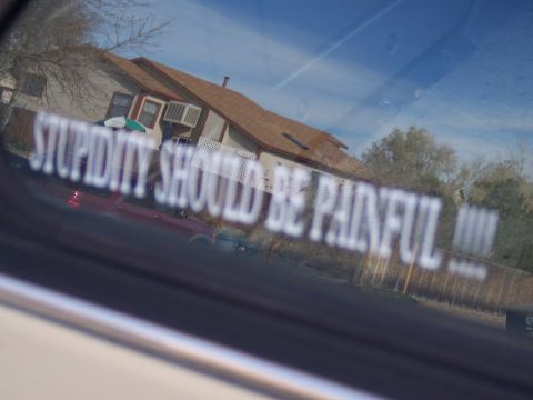 1972 Ford Ranchero - A reflective sticker on a car window displays a humorous message, with a house and another vehicle visible in the reflection.