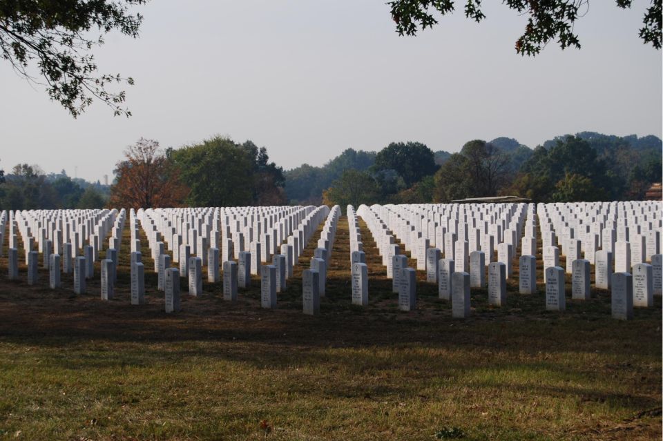 Rows of white gravestones in a cemetery under a hazy sky, with trees in the background
