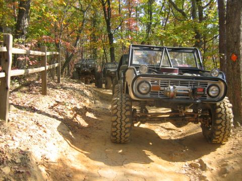 1992 Ford Mustang - Several off-road vehicles, including a modified Ford Bronco, navigate a wooded trail during autumn.