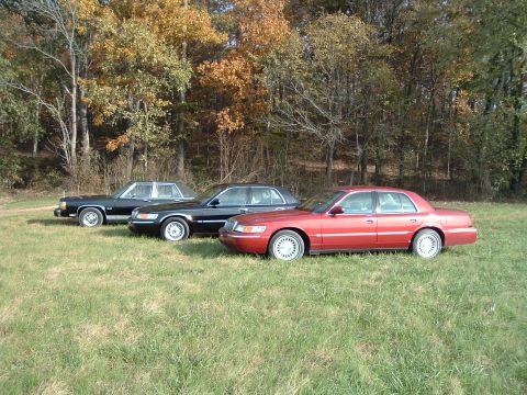 2001 Mercury Grand Marquis - A red 2001 Mercury Grand Marquis is parked alongside two black sedans in a grassy area with autumn trees.