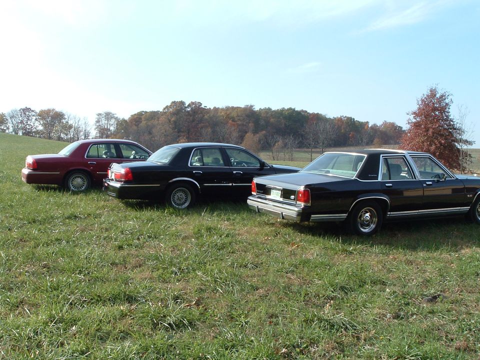 Three Ford and Mercury full-size sedans, maroon and black, parked in a grassy field in fall