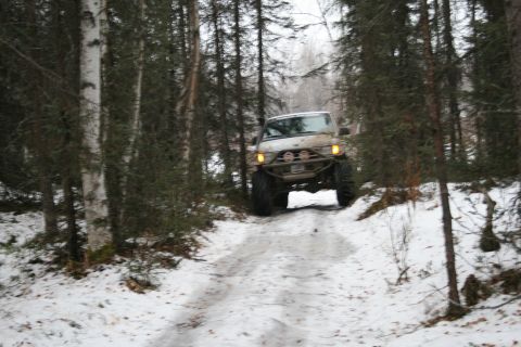 2003 Jeep TJ - A 2003 Jeep TJ navigates a snow-covered path through a dense forest.