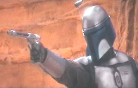 1994 Ford Crown Victoria - A Mandalorian character aims a blaster in a desert landscape, with a SUPERMOTORS watermark visible.