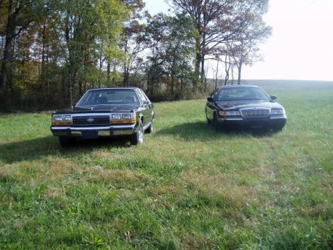 2001 Mercury Grand Marquis - Two full-size sedans, a Ford Crown Victoria and a Mercury Grand Marquis, are parked on a grassy hill with trees in the background.