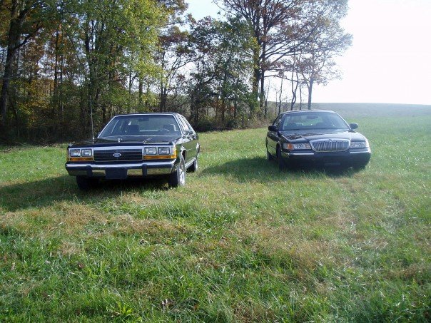 Ford Crown Victoria and Mercury Grand Marquis parked in a field