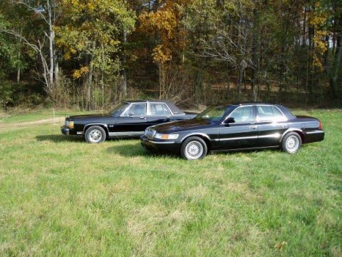 2001 Mercury Grand Marquis - Two black sedans are parked on a grassy field with trees in the background.